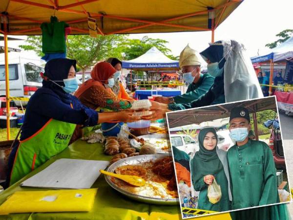 Nur Syuraya dan Muhd Safuan (kanan) mengedarkan makanan kepada peniaga di Pasar Tani Taman Wira Mergong di Alor Setar hari ini sempena majlis perkahwinan mereka.
