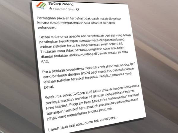 SWcorp Pahang mendedahkan pembuangan pakaian terpakai di tong sampah awam di laman sosial Facebook rasminya.