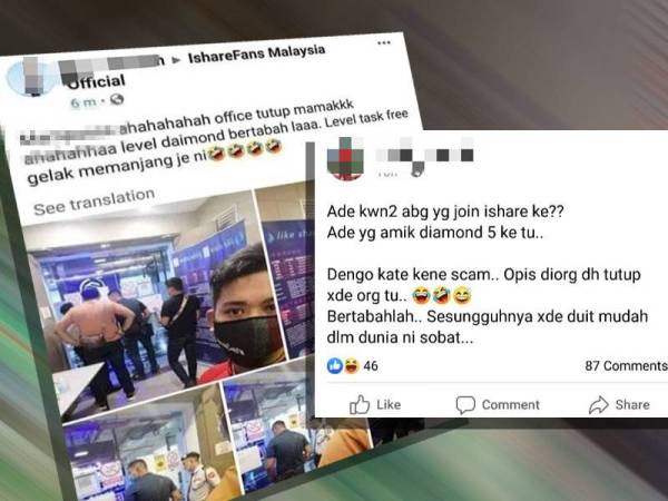 Hantaran di media sosial Facebook mendakwa beberapa individu menjadi mangsa kes pelaburan LikeShare. 