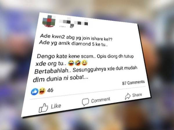 Hantaran di media sosial Facebook mendakwa beberapa individu menjadi mangsa kes pelaburan LikeShare.