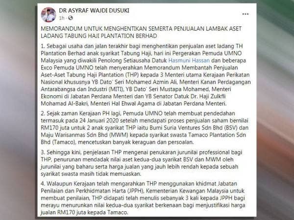 Hantaran di Facebook Asyraf Wajdi Dusuki hari ini.