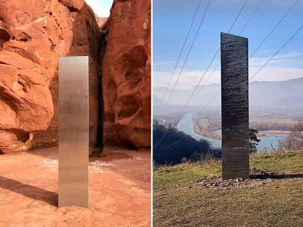 Obelisk logam (kiri) yang ditemui di kawasan gurun di Utah, AS pada minggu lalu. Gambar kanan: Monolit logam (kanan) misteri yang turut ditemui di puncak bukit Batca Doamnei di utara Romania. - Foto Agensi