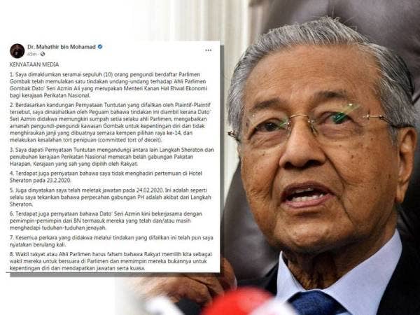 Hantaran di Facebook Dr Mahathir hari ini.
