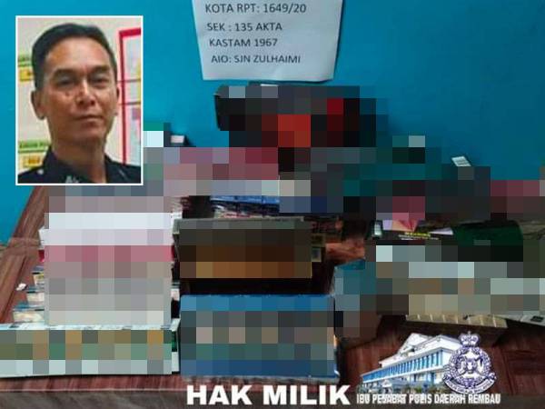 Rokok seludup yang dirampas oleh polis di IPD Rembau semalam. Gambar kecil: ANUAR BAKRI