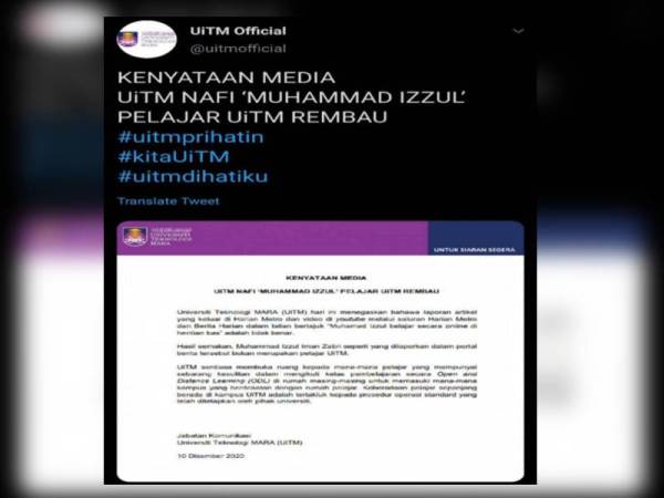 Kenyataan UiTM yang dimuat naik di Twitter hari ini.