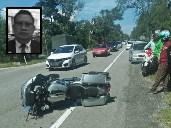 Keadaan motosikal berkuasa tinggi yang dipandu mangsa selepas terlibat kemalangan. Foto: Ihsan Polis (Gambar kecil: Datuk Ajlan Mohamad)