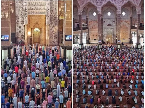 Solat Jumaat dijalankan di Masjid Putra semalam dengan mengambil kira SOP ditetapkan oleh kerajaan dan Pihak Berkuasa Agama Negeri. - Foto Masjid Putra