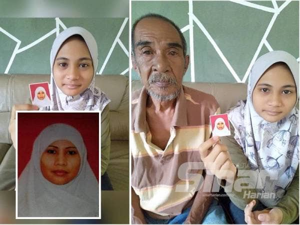 Tan Lee Khoo dan Tasha Shafira menunjukkan gambar Eha yang kini sedang dijejaki. (Gambar kecil Eha Romiyati)