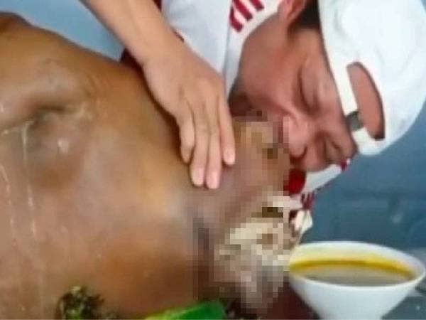 Lelaki makan kepala lembu tular di laman sosial.