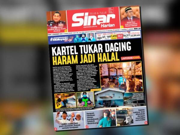 Muka hadapan Sinar Harian 2 Disember 2020 mengenai serbuan pihak berkuasa ke atas gudang kartel daging sejuk beku di Senai, Johor.