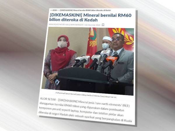 Keratan laporan Sinar Harian berkenaan pengumuman MB Kedah mengenai sumber REE di Kedah yang bernilai bilion ringgit.
