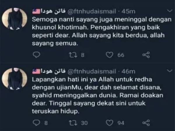 Tangkap layar antara luahan yang dikongsi Fatin Nabilah Huda menerusi akaun Twitter miliknya. 