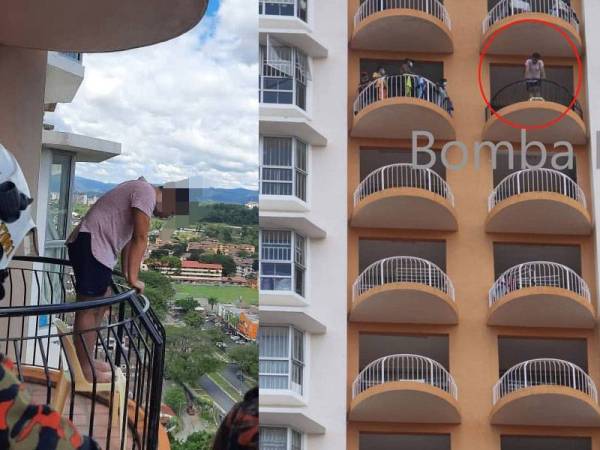 Pasukan bomba cuba memujuk mangsa. Lelaki tersebut membahayakan diri dengan berdiri atas kerusi di balkoni rumah. - Foto Bomba KL