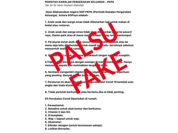 Antara contoh informasi palsu yang disebarkan melalui aplikasi Whatsapp yang dikongsikan oleh KKM.