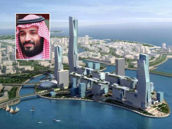 NEOM yang merupakan bandar rentas sempadan di wilayah Tabuk di barat laut Saudi adalah tonggak utama rancangan Visi 2030 yang diumumkan Putera Mohammed Salman (gambar kecil) pada tahun 2017. - Foto Agensi