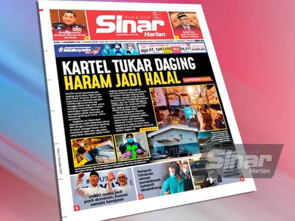 Muka hadapan Sinar Harian 2 Disember 2020 mengenai serbuan pihak berkuasa ke atas gudang kartel daging sejuk beku di Senai, Johor.