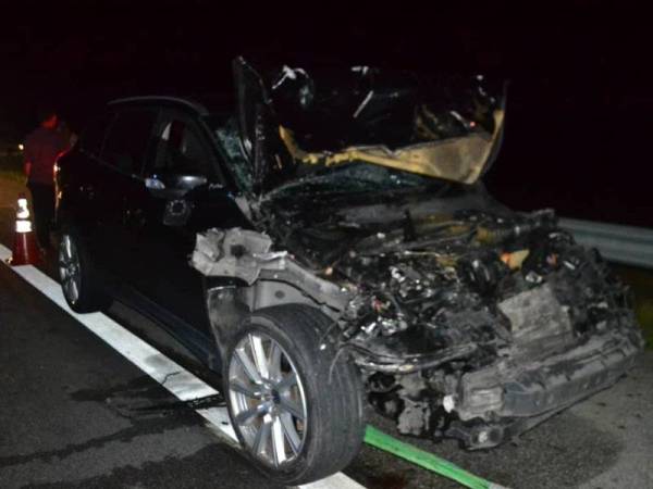 Keadaan kereta Volvo yang rosak teruk di hadapan selepas merempuh sekumpulan lembu di Kilometer (KM) 291.1, Lebuh raya Pantai Timur 2 (LPT2) dari arah Kuantan-Kuala Terengganu pada malam Jumaat. Foto: Ihsan polis