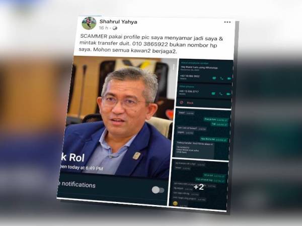 Shahrul Zaman memuatnaik tangkap layar gambar yang dipercayai digunakan ‘scammer’ yang menyamar dirinya untuk meminjam wang. - Foto ihsan FB Sharul Yahya