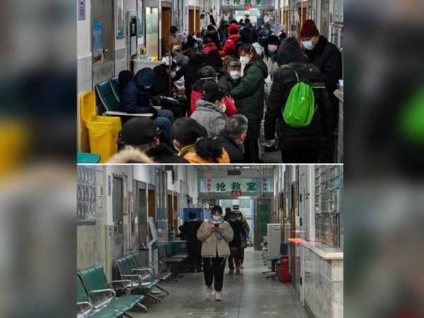 Foto kombinasi menunjukkan keadaan Wuhan Red Cross Hospital yang sesak (gambar atas) dan keadaan terkini selepas setahun bandar itu dikenakan lockdown selama 76 hari. - AFP