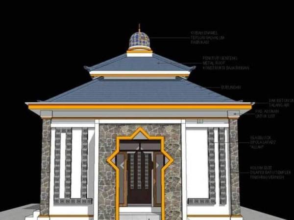 Gambar lakaran cadangan pembinaan surau Maahad Tahfiz Ehsaniyyah Parit 10, Pasir Panjang di Sekinchan.