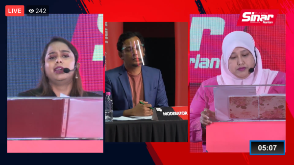 Berani Semuka yang diadakan di Kumpulan Karangkraf dan disiarkan secara langsung menerusi media sosial Sinar Harian membahaskan tajuk Ahli Parlimen Perlu Ada Had Umur? melibatkan Pengasas Parti Muda Malaysia, Dr Thanussha FX (kiri), Moderator, Saiful Nizam Ismail (tengah) dan Ketua Puteri UMNO Negeri Sembilan, June Artisha Mohamad Nazari. Foto Sinar Harian/Rosli Talib