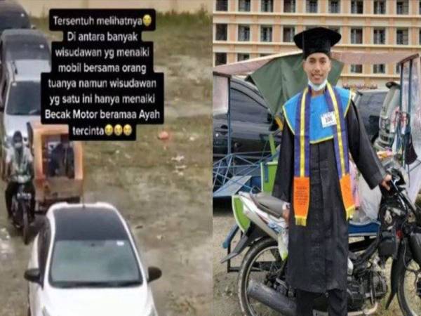 Seorang graduan dengan penuh bangga menghadiri majlis konvokesyen secara pandu lalu menaiki beca bersama bapanya walaupun rakannya yang lain menaiki kereta mewah.