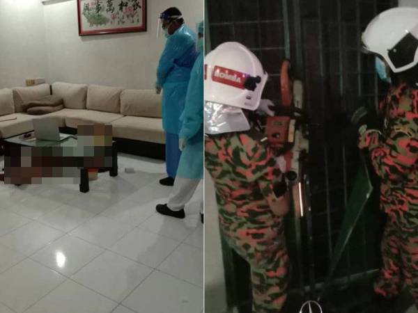 Pasukan perubatan memeriksa keadaan mayat lelaki yang ditemukan terbaring di dalam ruang tamu rumahnya. Gambar kanan: Anggota bomba memecahkan pintu rumah mangsa.