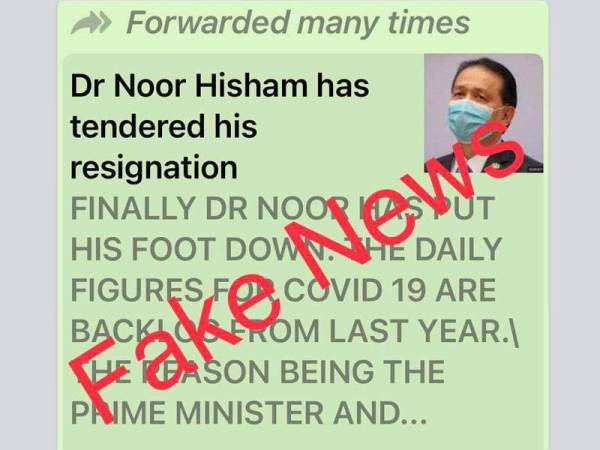 Berita palsu berhubung perletakan jawatan Dr Noor Hisham yang tular di aplikasi WhatsApp.