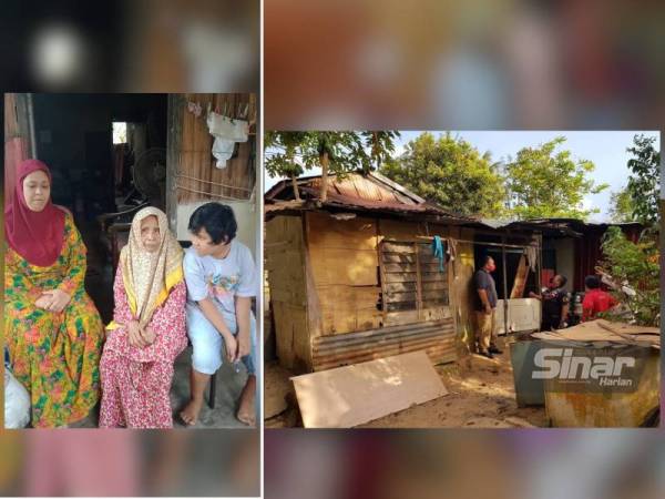 Dari kiri Rozita, Aishah dan Asri di hadapan rumah mereka. (Kanan: NGO Sahabat Prihatin Negeri Kedah meninjau keadaan luar rumah Aishah semasa berkunjung ke rumah nenek tersebut di Batu 13 Jalan Sintok- Changlun, Kedah baru-baru ini.)