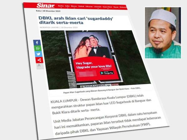 Laporan Sinar Harian berkaitan laporan iklan aplikasi Sugarbook sebelum ini. Gambar kecil: Hanafi