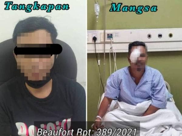Suspek (kiri) ditahan selepas disyaki menyebabkan mata rakannya (kanan) buta kekal dalam kejadian di Kampung Binunuk, Beaufort.