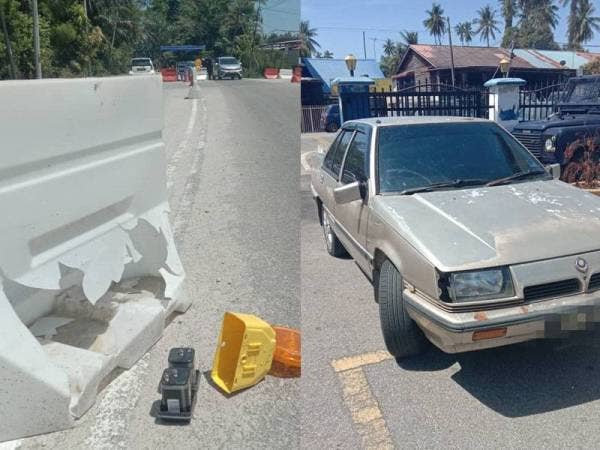 Kon dan lampu yang pecah selepas dilanggar kereta suspek.