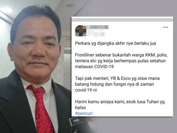 Tangkap layar status individu terbabit yang mempertikaikan barisan Exco akan divaksin pada fasa pertama. Gambar kecil: Rahmad