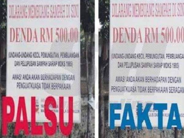 MDKS menafikan penyebaran gambar satu papan tanda palsu (kiri) yang disebarkan pihak tidak bertanggungjawab.