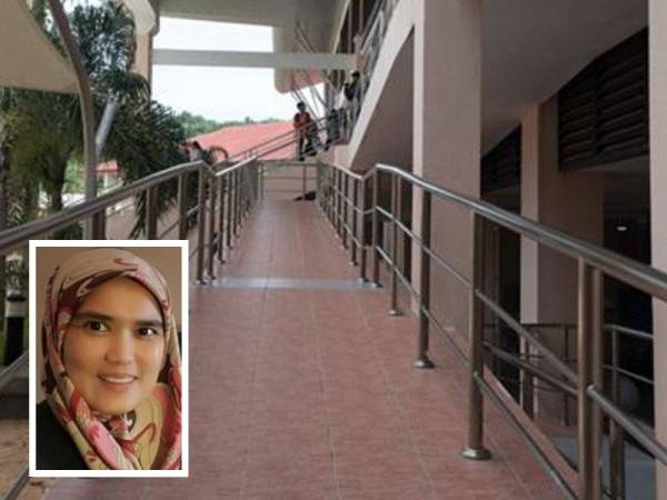 Ruang laluan OKU (ramp) di Dewan Kuliah Pusat 2, UMS. (Gambar kecil: Dr Norhuda Salleh)