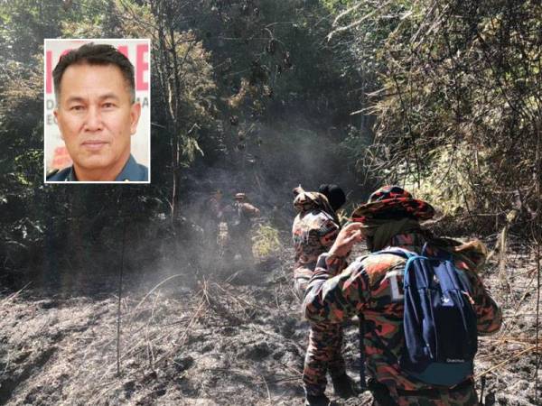 Anggota terpaksa mendaki untuk ke lokasi kebakaran dengan membawa bersama peralatan 'fire beater’ dan ‘jet shooter’ bagi tujuan operasi pemadaman. Gambar kecil: Azmi Osman