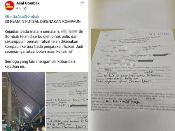 Facebook Asal Gombak yang berkongsi kisah 30 individu dikompaun kerana melanggar SOP di gelanggang futsal di Sri Gombak pada Sabtu. Surat kompaun yang dikeluarkan oleh IPD Gombak.