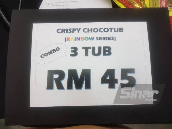 Pakej kombo menawarkan harga RM45 untuk tiga tub produk Crispy Choco Tub Siri Pelangi.