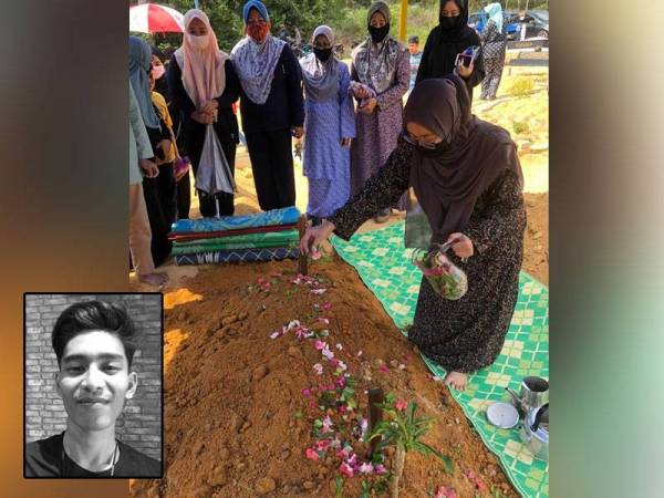 Norliana, 24, menyiram air di pusara Muhammad Akmal Hakim diperhatikan ahli keluarga selepas majlis pengebumian selesai di Tanah Perkuburan Keratong 4, di Rompin. Gambar kecil: Muhammad Akmal