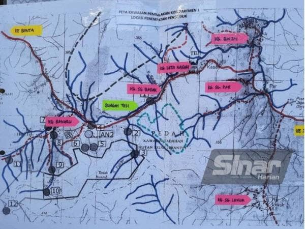 Peta menunjukkan kerja pembalakan diluluskan kerajaan Pahang di Kompartmen 1, Hutan Simpan Jerantut Tambahan, Jerantut berhampiran Sungai Teh dan kampung penduduk.
