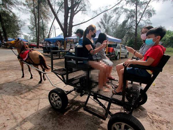 Pengunjung menaiki kereta kuda yang menjadi salah satu tarikan di Pantai Kempadang ketika tinjauan hari ini.