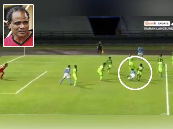 Insiden yang membabitkan pemain PJ City FC, Ahmad Khairil Anuar Ahmad Zamri yang dikatakan 'merebahkan diri' ketika berdepan Melaka United FC (MUFC). Gambar kecil: Maniam