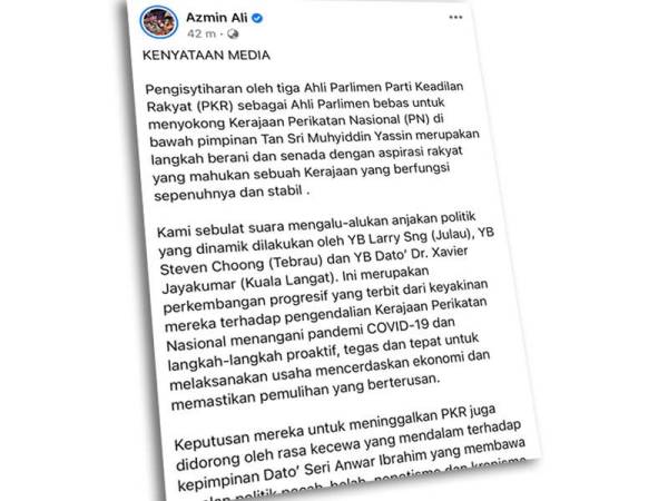 Kenyataan media 10 orang bekas ahli Parlimen PKR menerusi Facebook Datuk Seri Mohamed Azmin Ali.