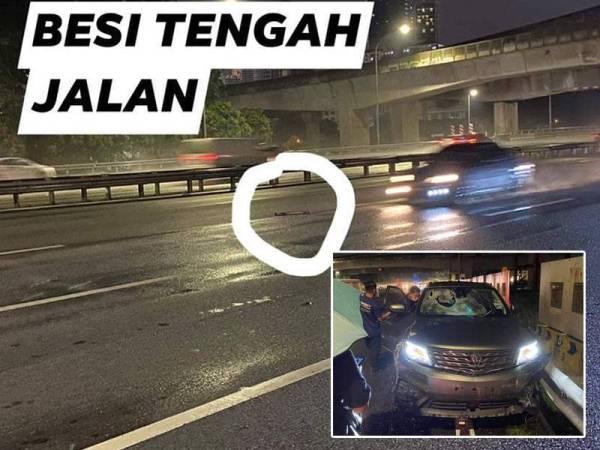 Kedudukan objek besi yang menjadi punca kemalangan. Gambar kecil: Cermin bahagian depan yang pecah susulan kemalangan selepas melanggar objek besi di tengah jalan.