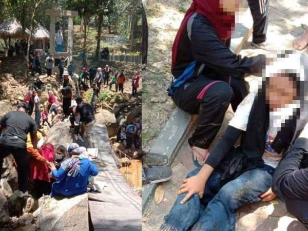 Pengunjung Lata Keding, Bukit Kudung di Jeli detik cemas apabila jambatan gantung yang dinaiki mereka terputus dalam kejadian tengah hari Jumaat. - Foto: Ihsan pembaca