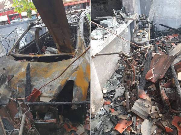 Sebuah kereta dan sebuah motosikal (gambar kanan) yang turut musnah dalam kebakaran melibatkan tujuh kediaman di Taman Pulai Perdana pada pagi Sabtu. FOTO: Ihsan bomba