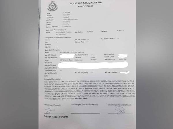 Laporan polis yang dibuat oleh Muhammad Faiz di IPD Kuantan pada malam Sabtu.
