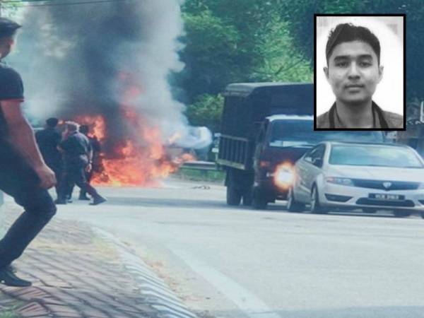 Trak polis membawa banduan dalam perjalanan ke Penjara Kuala Krai terbabit kemalangan dan terbakar. Foto: Ihsan pembaca. Gambar kecil: Muhammad Khalis Mifzal