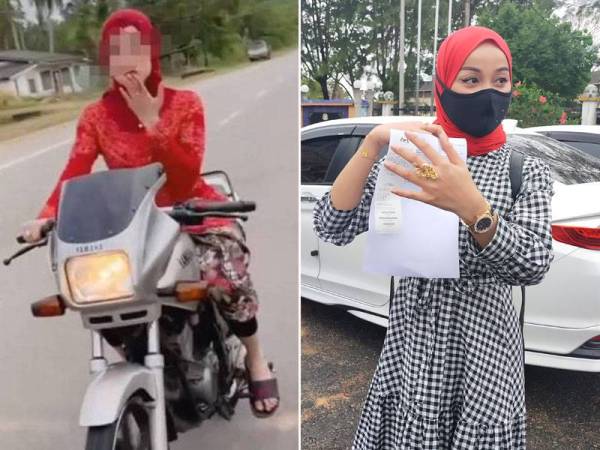 Gambar kiri: Tular di media sosial video berdurasi 14 saat memaparkan seorang wanita berkebaya merah mempamerkan kecekapan menunggang RX-Z.
Afifie Laila menunjukkan surat bayaran denda dijelaskan di perkarangan Mahkamah Majistret Dungun pada Rabu.
