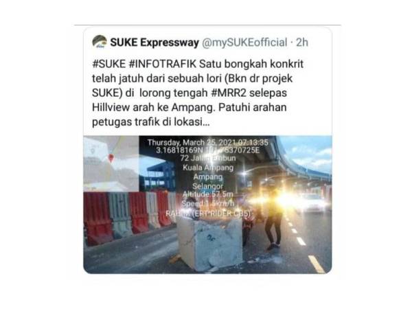 SUKE memaklumkan bongkah terjatuh dari sebuah lori bukan dari projek SUKE di MRR2.